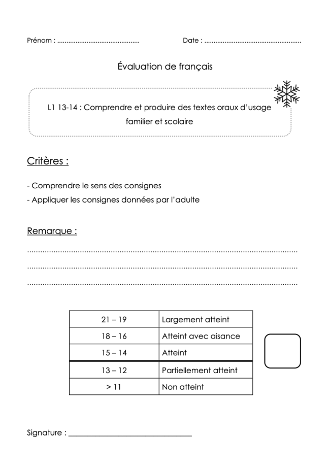 Evaluation FR : Compréhension consignes