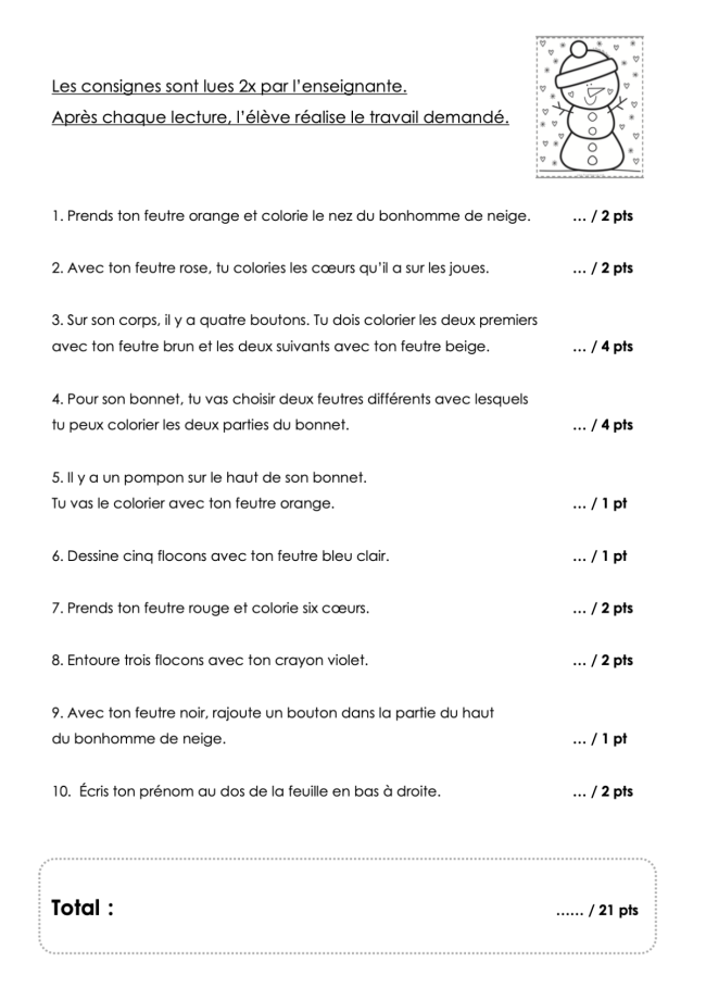 Evaluation FR : Compréhension consignes
