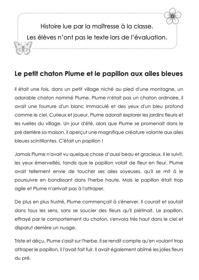 Evaluation FR : Compréhension d'une histoire